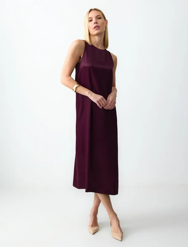 Women Claret Red Crew Neck Sleeveless Satin Midi Dress