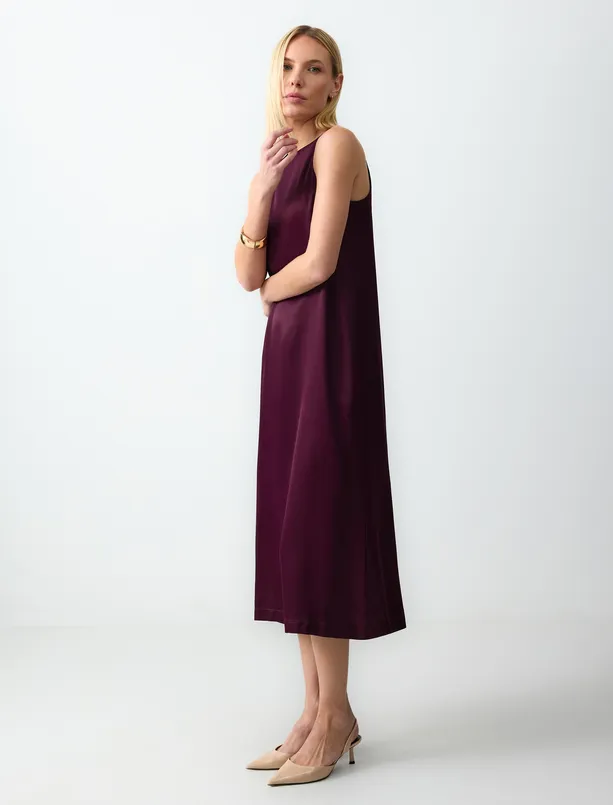 Women Claret Red Crew Neck Sleeveless Satin Midi Dress