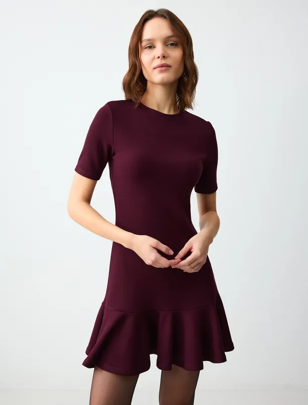 Bayan Bordo Bisiklet Yaka Örme Mini Kloş Elbise