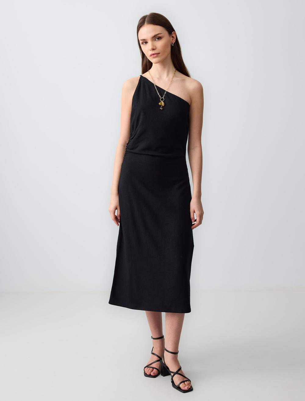 Asimetrik Yaka Tek Omuz Keten Karışımlı Midi Elbise