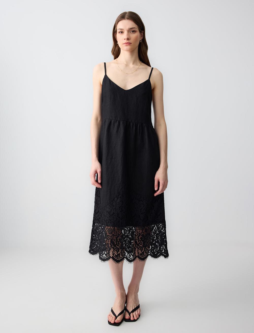 %100 Keten V Yaka Askılı Dantel Detaylı Midi Elbise