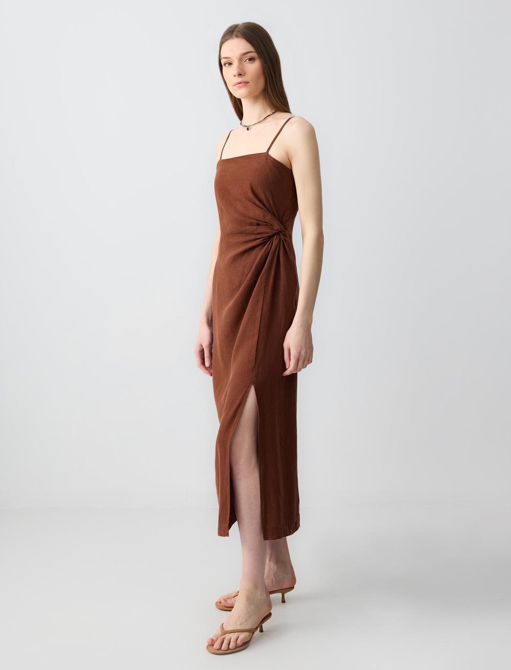 %100 Keten Kolsuz Düz Yaka Midi Elbise