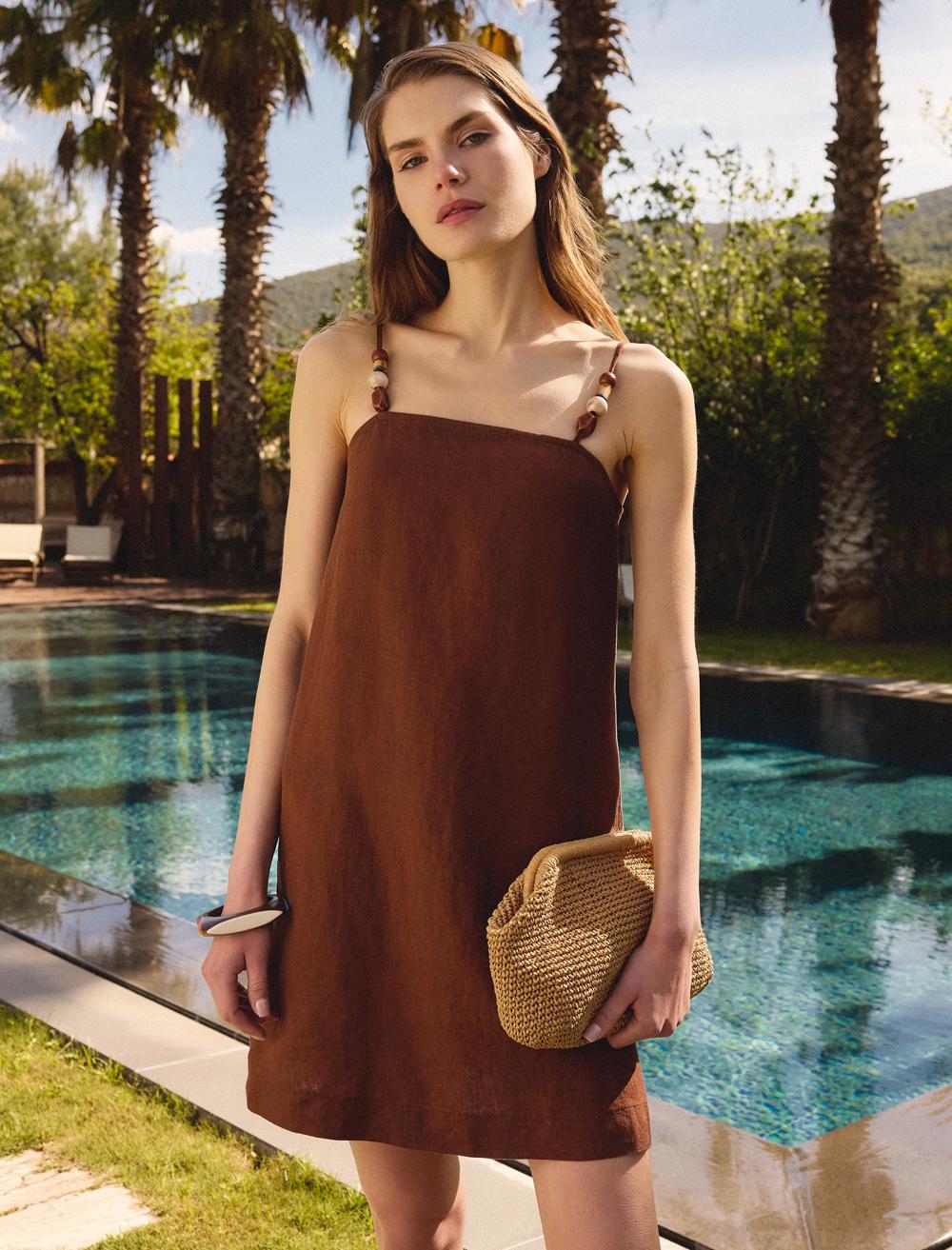 %100 Keten Düz Kesim Boncuk Detaylı Askılı Mini Elbise