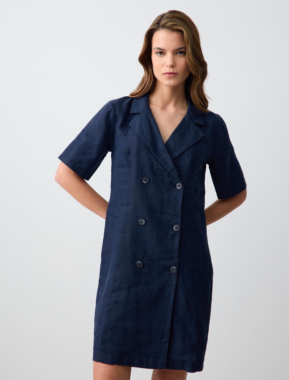 %100 Keten Kısa Kollu Düğme Detaylı Ceket Yaka Mini Elbise