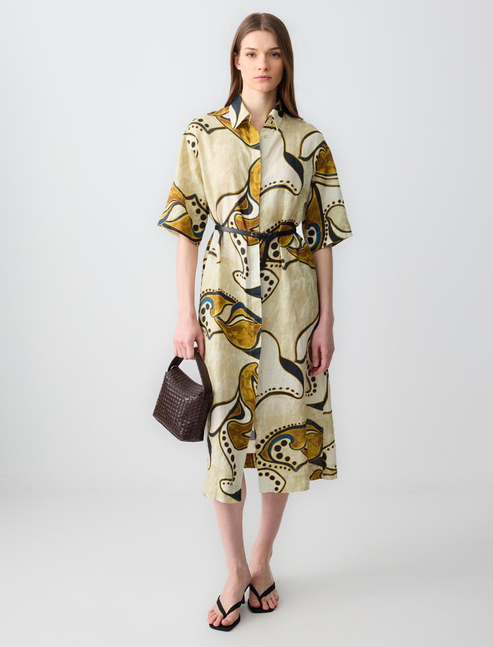 %100 Keten Gömlek Yaka Desenli Midi Elbise