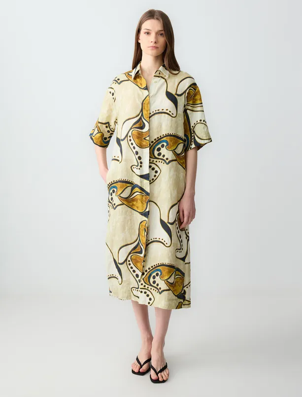 Women Beige 100% Linen Shirt Collar Patterned Midi Dress