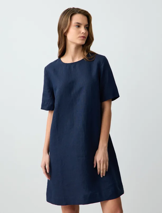 Women Dark Blue 100% Linen Round Neck Short Sleeve Mini Dress