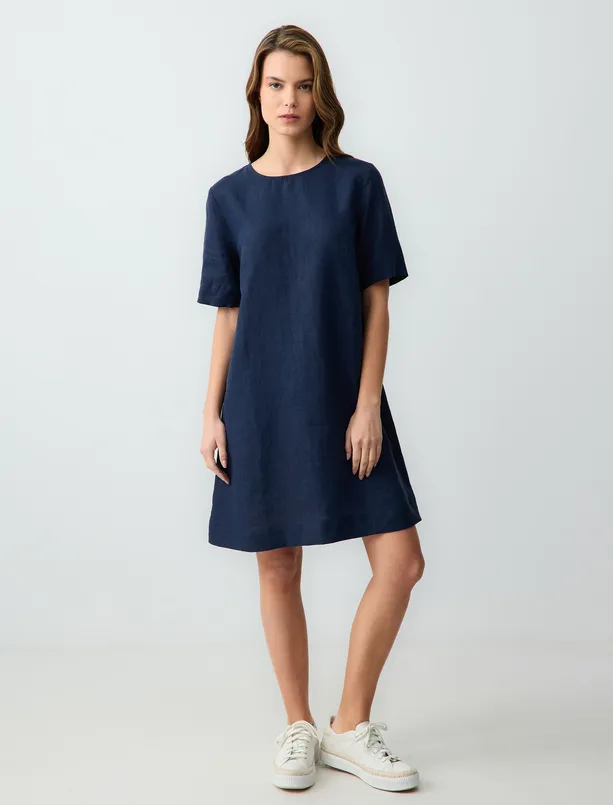 Women Dark Blue 100% Linen Round Neck Short Sleeve Mini Dress