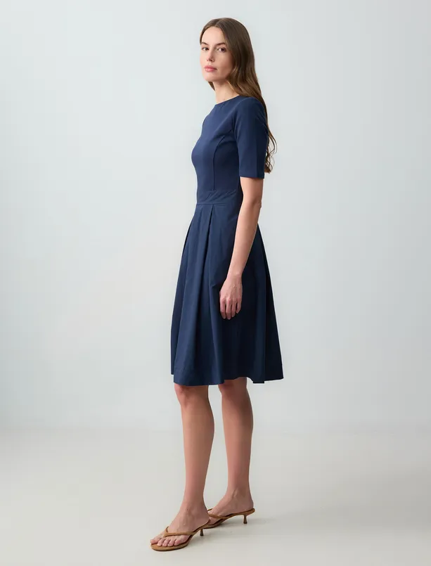 Women Dark Blue Crew Neck Short Sleeve Woven Midi Dress