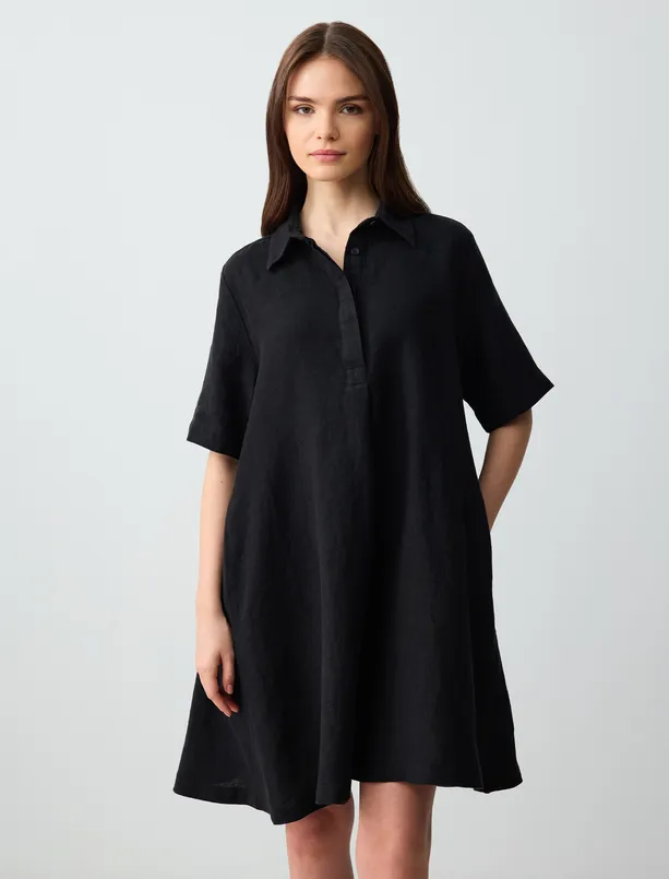Women  100% Linen Relaxed Fit Shirt Collar Elbow Sleeve Mini Dress
