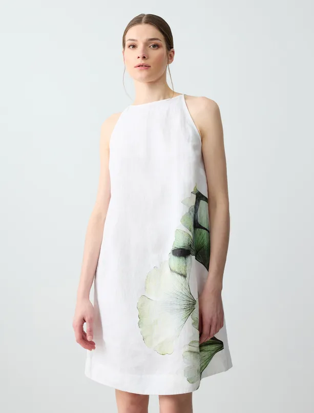 Bayan  %100 Keten Halter Yaka Floral Desenli Mini Elbise