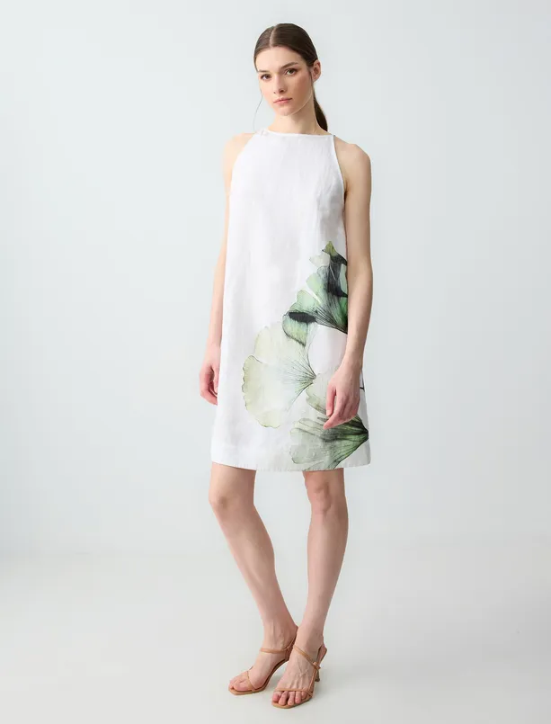 Bayan Beyaz %100 Keten Halter Yaka Floral Desenli Mini Elbise