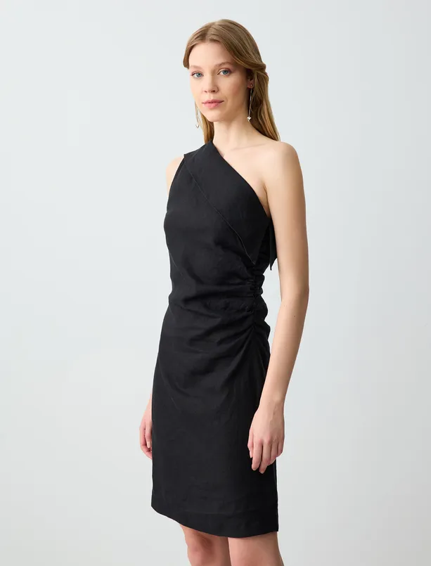 Women  100% Linen Slim Fit Asymmetric Neck One Shoulder Mini Dress