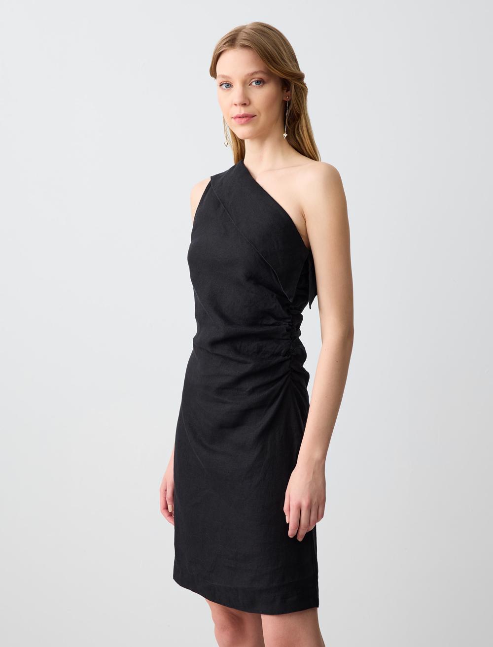 %100 Keten Dar Kesm Asimetrik Yaka Tek Omuz Mini Elbise