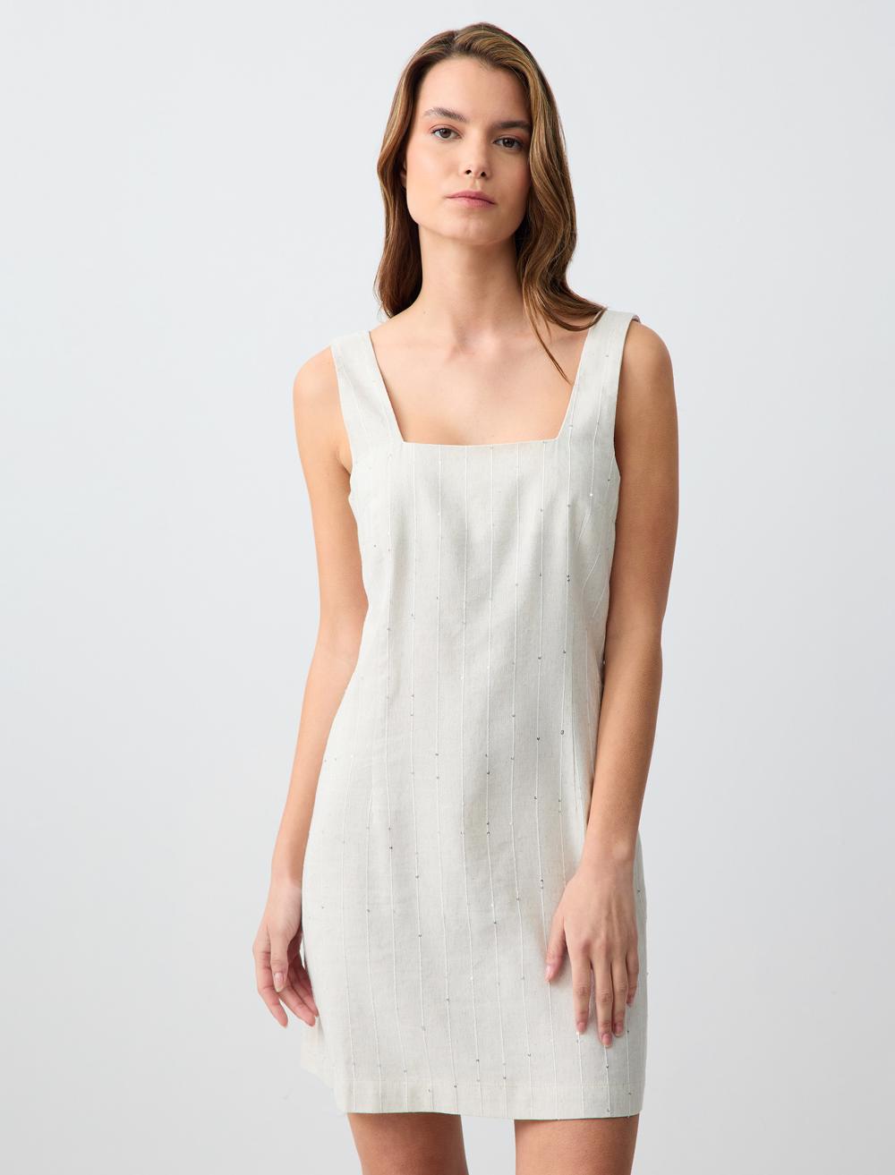 Kare Yaka Kolsuz Dokuma Keten Karışımlı Mini Elbise