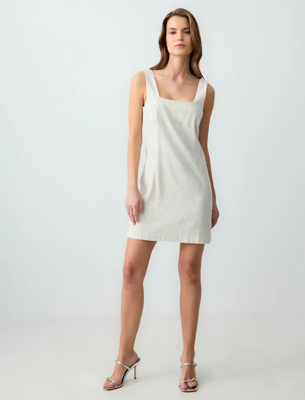 Women Beige Square Neck Sleeveless Woven Linen Blend Mini Dress