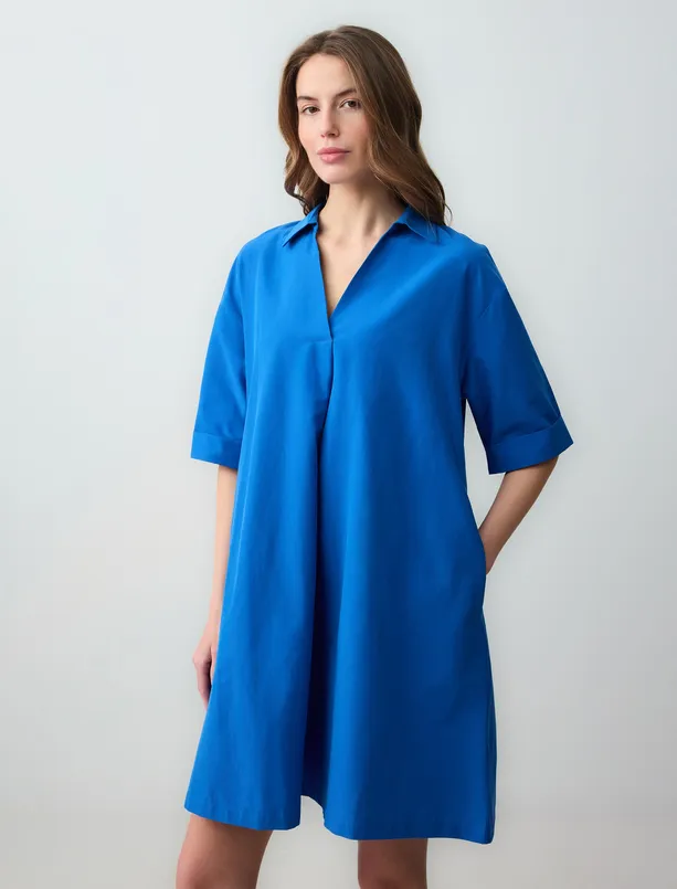 Women Dark Blue Relaxed Fit Shirt Collar Elbow Sleeve Woven Mini Dress