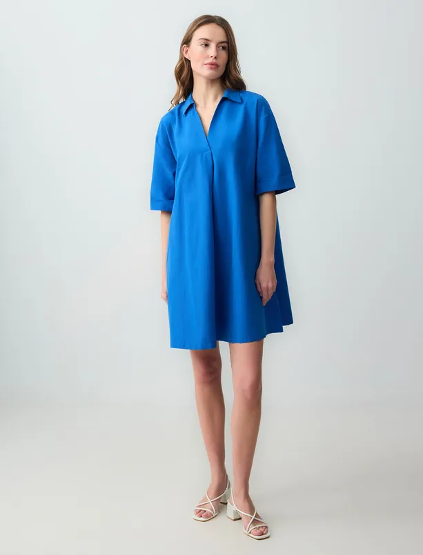 Women Dark Blue Relaxed Fit Shirt Collar Elbow Sleeve Woven Mini Dress