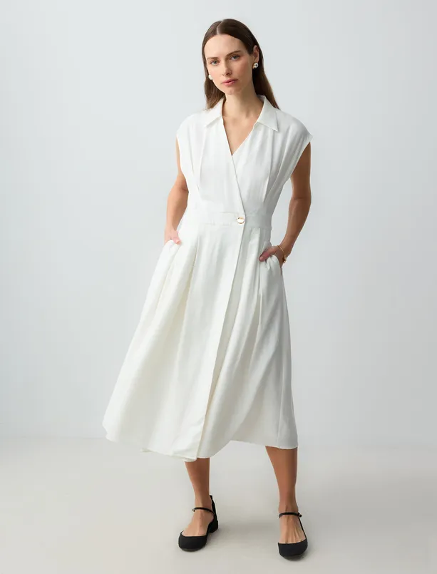 Women  Shirt Collar Sleeveless Midi Woven Dress
