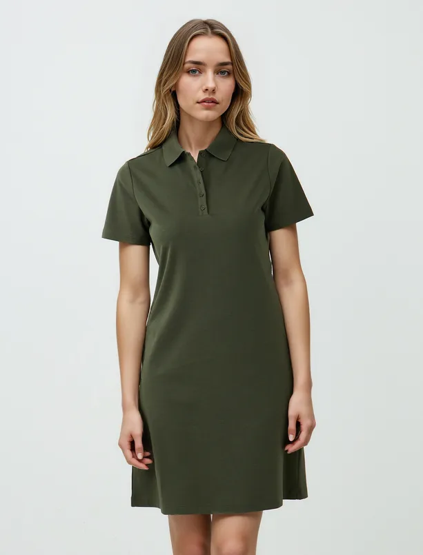 Women Haki Straight Cut Shirt Collar Short Sleeve Mini Knitted Dress
