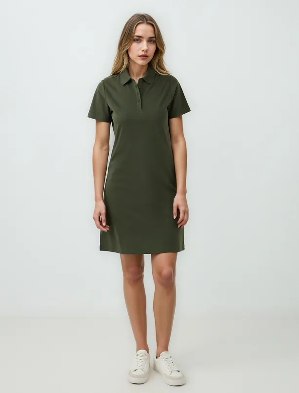 Women Haki Straight Cut Shirt Collar Short Sleeve Mini Knitted Dress