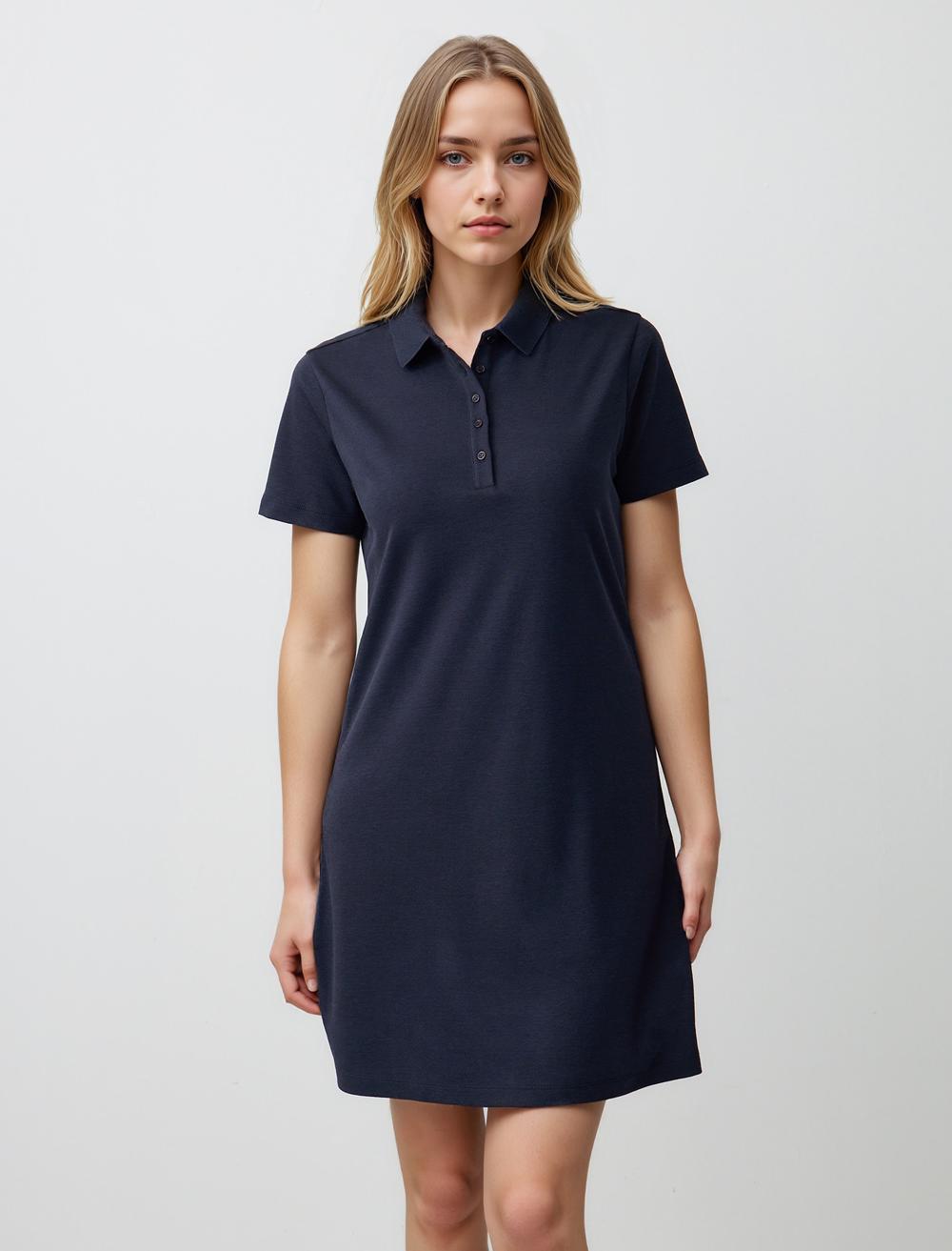 Düz Kesim Gömlek Yaka Kısa Kollu Mini Örme Elbise