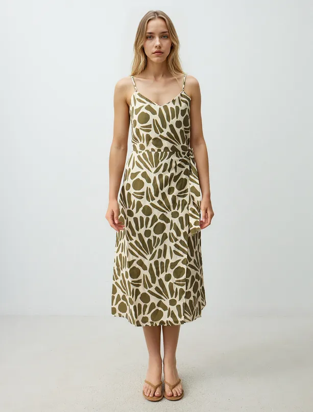 Women Green 100% Linen Patterned Midi Dress with V-Neck Straps
