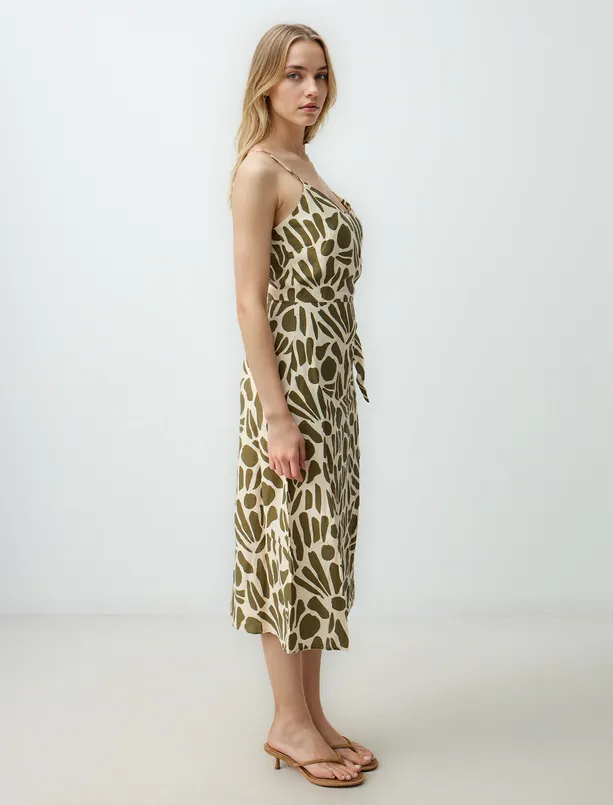 Women Green 100% Linen Patterned Midi Dress with V-Neck Straps