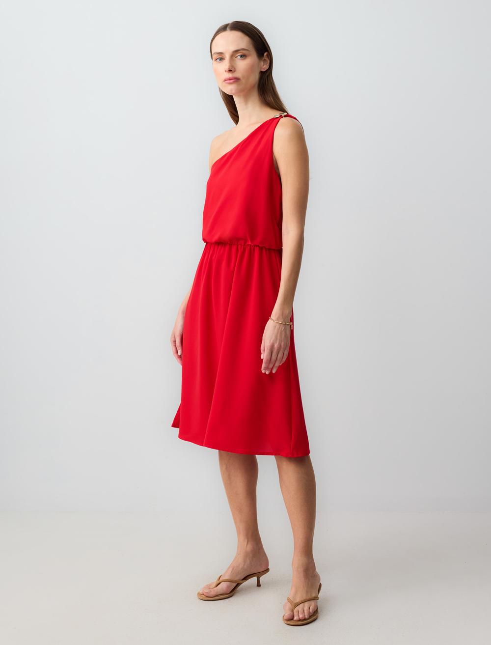 Tek Omuz Asimetrik Yaka Örme Mini Elbise