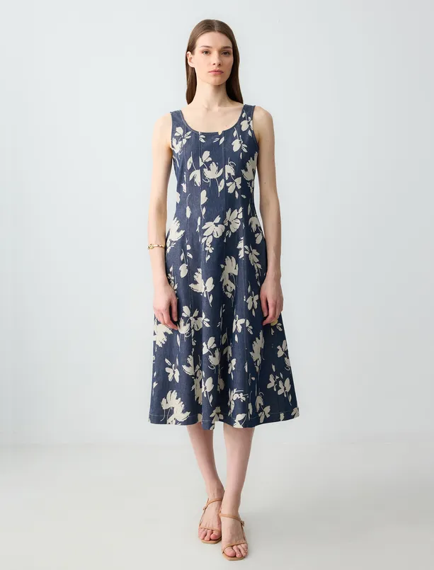Women Dark Blue Floral Patterned Woven Midi Dress with Square Neck Straps