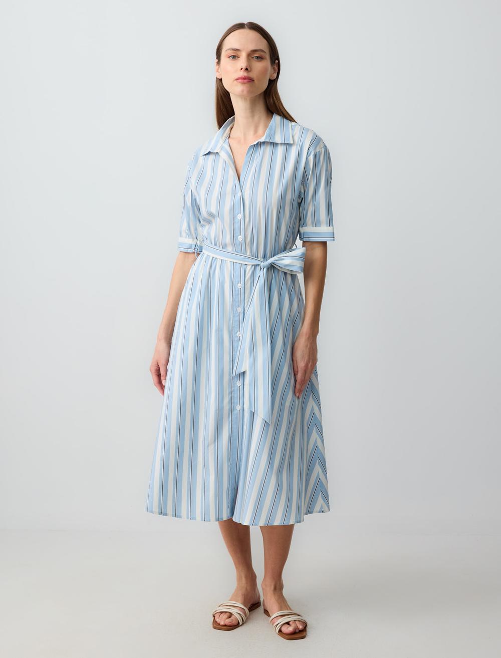 Gömlek Yaka Dirsek Kol Çizgili Midi Dokuma Elbise