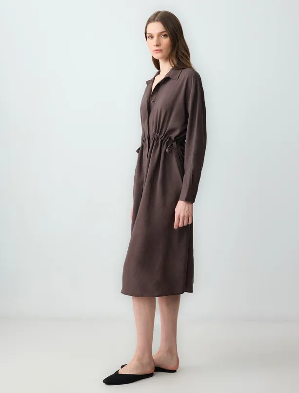 Women Brown Relaxed Fit Shirt Collar Midi Dress with Lace-up Detail at Waist