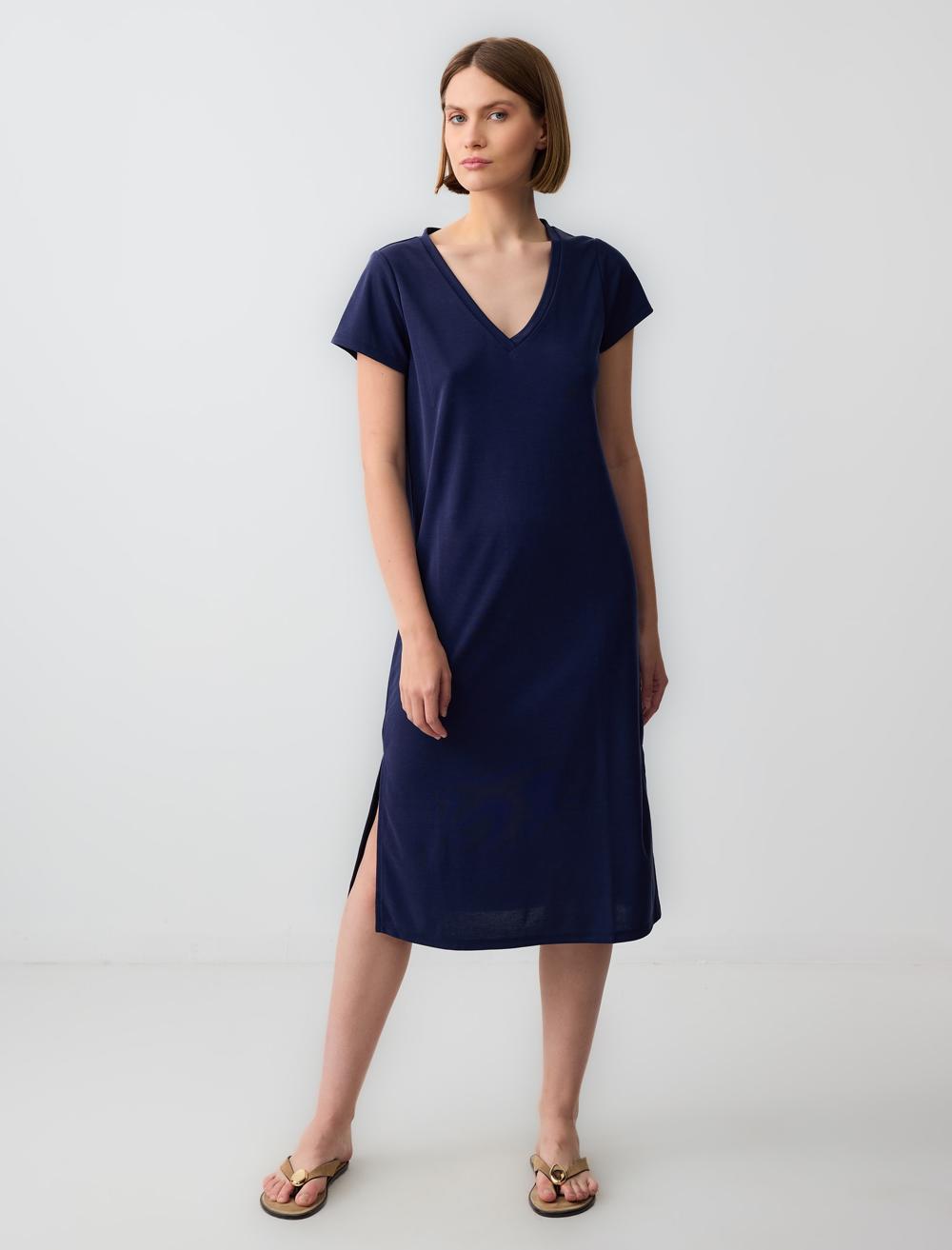 Rahat Kesim V Yaka Kısa Kollu Örme Midi Elbise