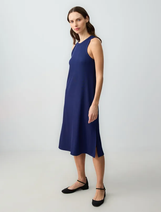 Women Dark Blue Relaxed Fit Sleeveless Crew-Neck Knitted Midi Dress