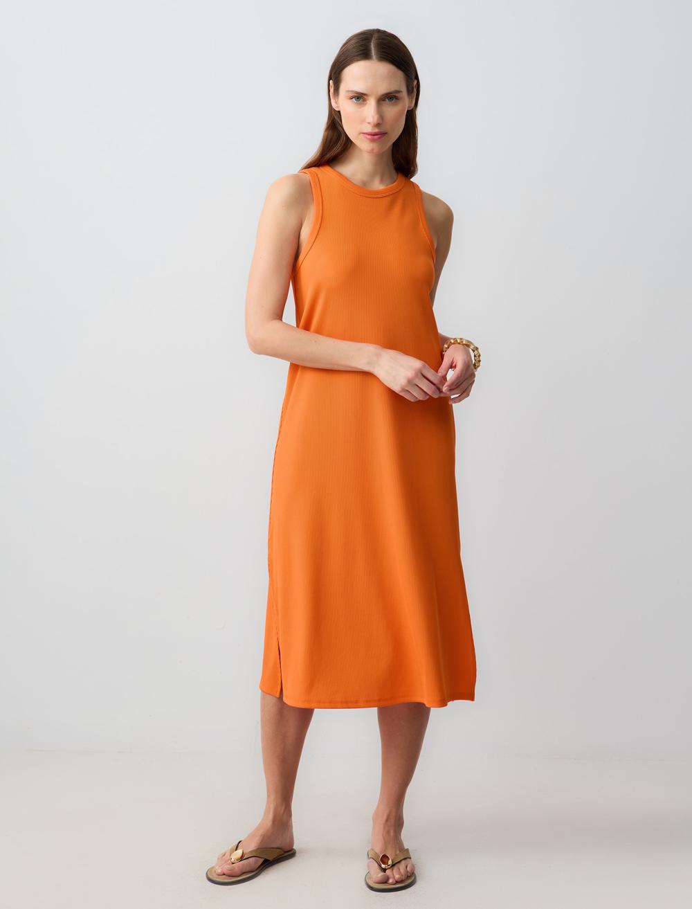 Rahat Kesim Kolsuz Bisiklet Yaka Örme Midi Elbise