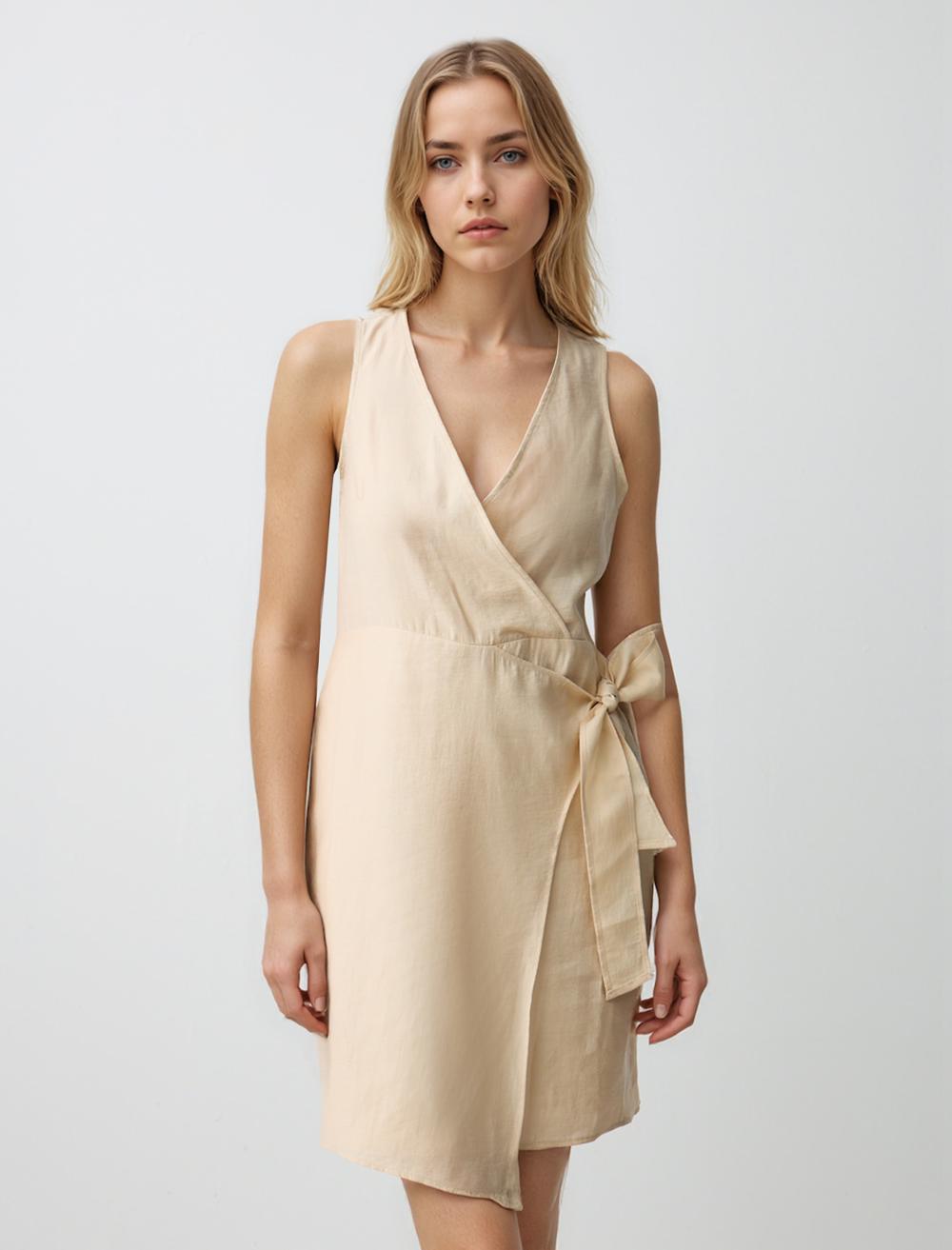 V Yaka Kolsuz Fiyonk Detaylı Dokuma Mini Elbise