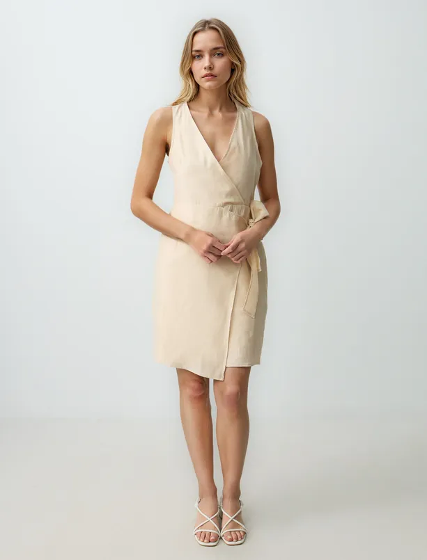Women Ecru V Neck Sleeveless Woven Mini Dress with Bow Detail