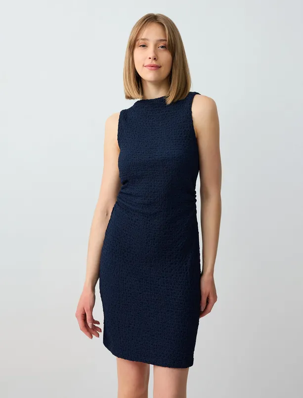 Women Dark Blue Slim Fitted Boat Neck Sleeveless Knitted Mini Dress