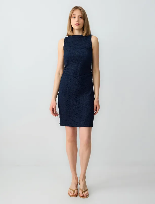 Women Dark Blue Slim Fitted Boat Neck Sleeveless Knitted Mini Dress