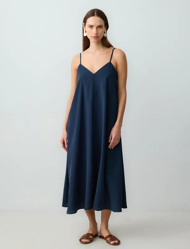 Women Dark Blue Relaxed Fit V-Neck Strappy Woven Midi Dress