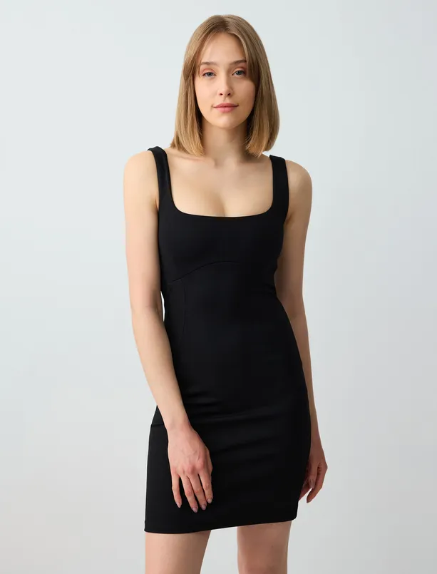 Women Black Slim Fit U Neck Sleeveless Knitted Mini Dress