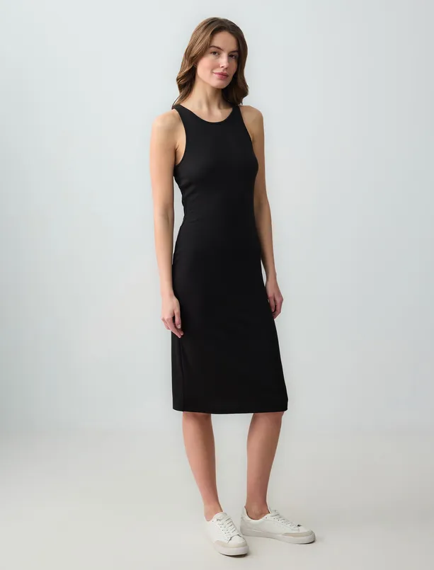 Women Black Round Neck Sleeveless Knitted Midi Dress