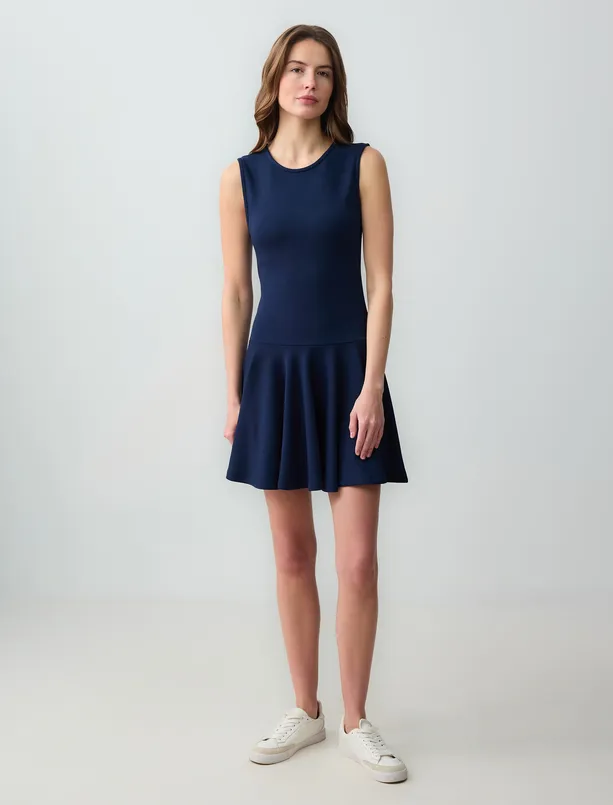 Bayan Lacivert Yuvarlak Yaka Kolsuz Modal Örme Mini Elbise