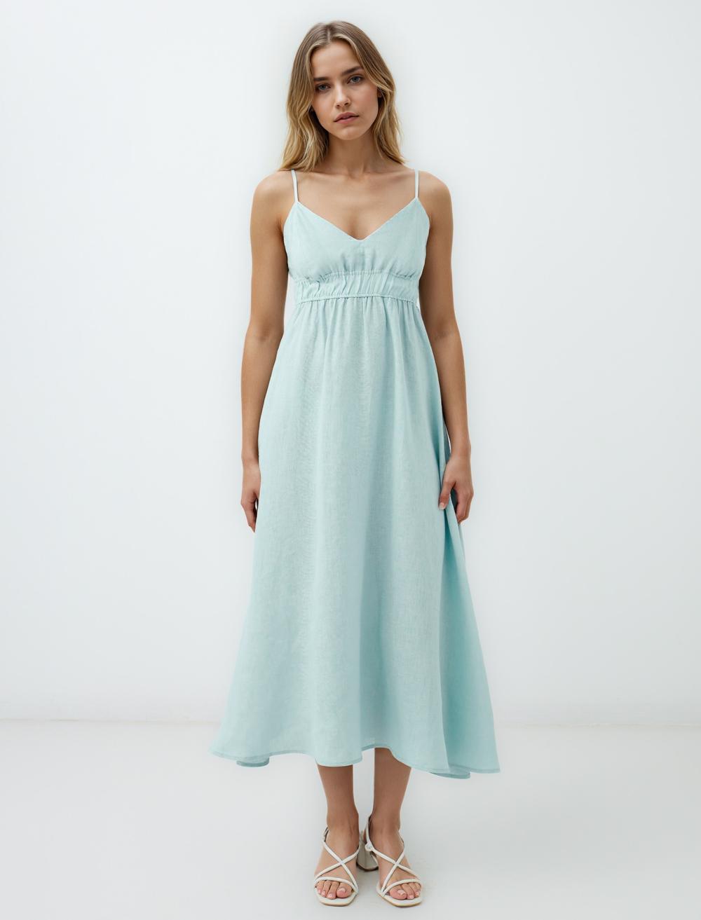 %100 Keten Askılı V Yaka Midi Elbise