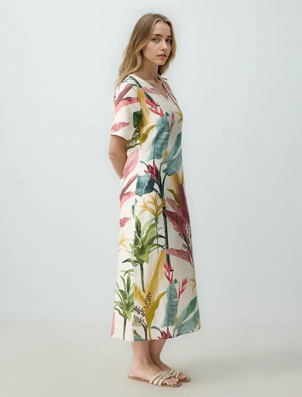 Women Ecru V Neck Short Sleeve Linen Blend Patterned Midi Dress