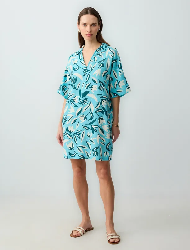 Women Blue V-Neck Linen Blend Patterned Mini Dress