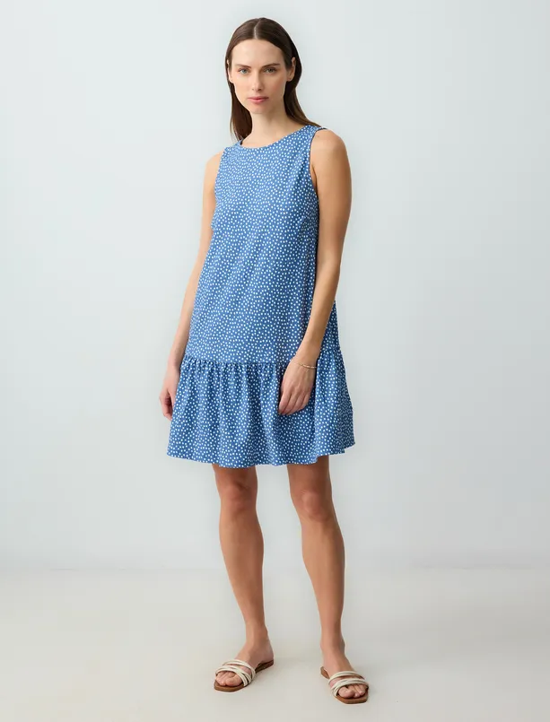 Women Blue Round Neck Sleeveless Polka Dot Knitted Mini Dress