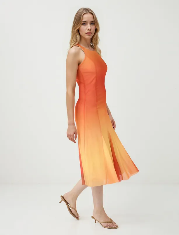 Women Orange Slim Fit Crew Neck Gradient Midi Dress