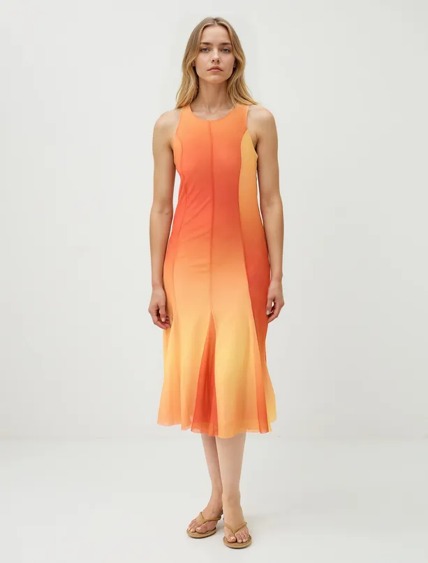 Women Orange Slim Fit Crew Neck Gradient Midi Dress