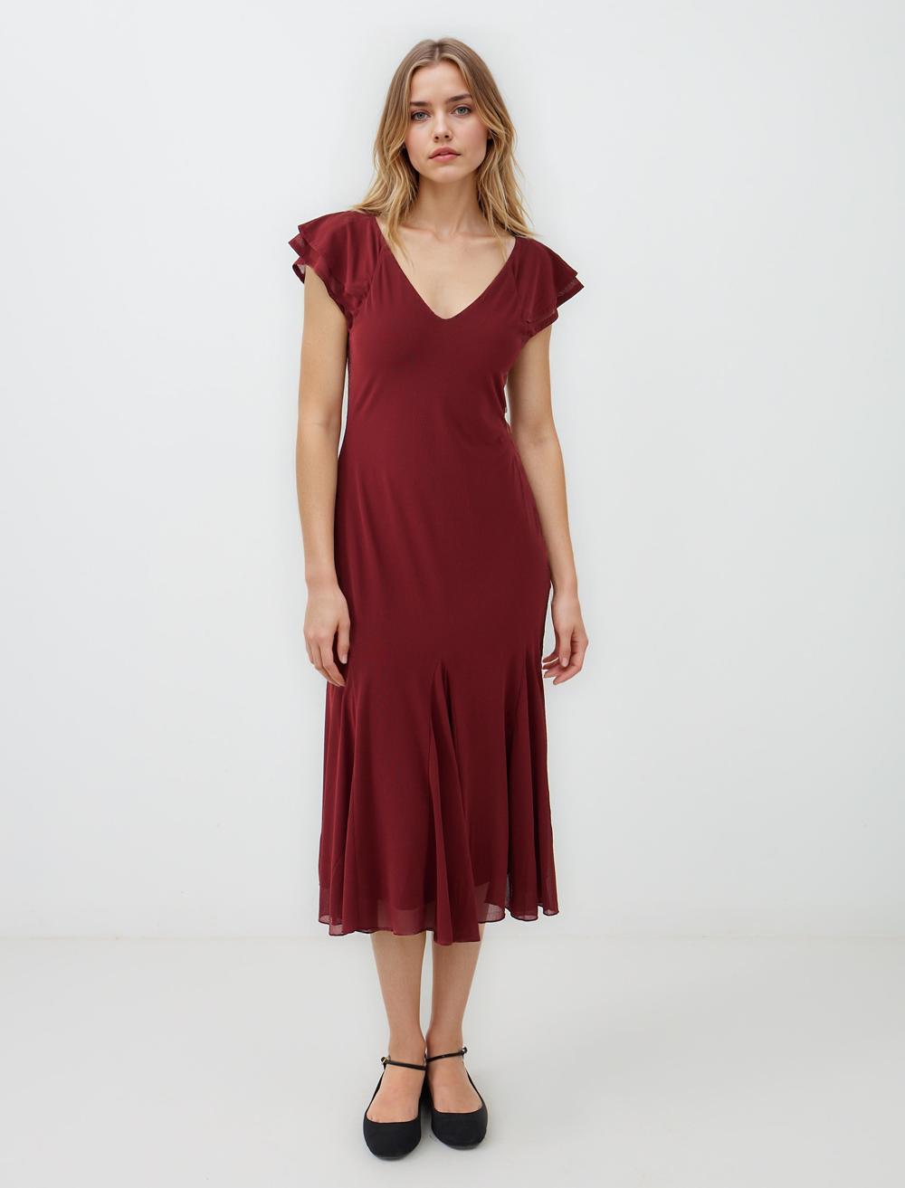 V Yaka Kısa Kollu Dar Kesim Örme Midi Elbise